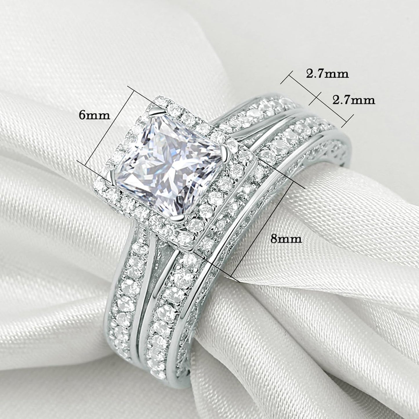 Engagement Wedding Ring Set for Women 925 Sterling Silver 1.5CT Princess White AAAAA Cz Size 3-13