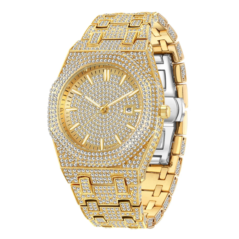 New Arab Number Brand Watch for Men Luxury Fully Diamond Bling Mens Quartz Watches Fashion Iced Out Silver Waterproof Male Clock