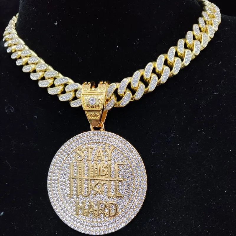 Men Women Hip Hop STAY HARD Pendant Necklace with 13Mm Cuban Chain Hiphop Iced Out Bling Necklaces Fashion Charm Jewelry