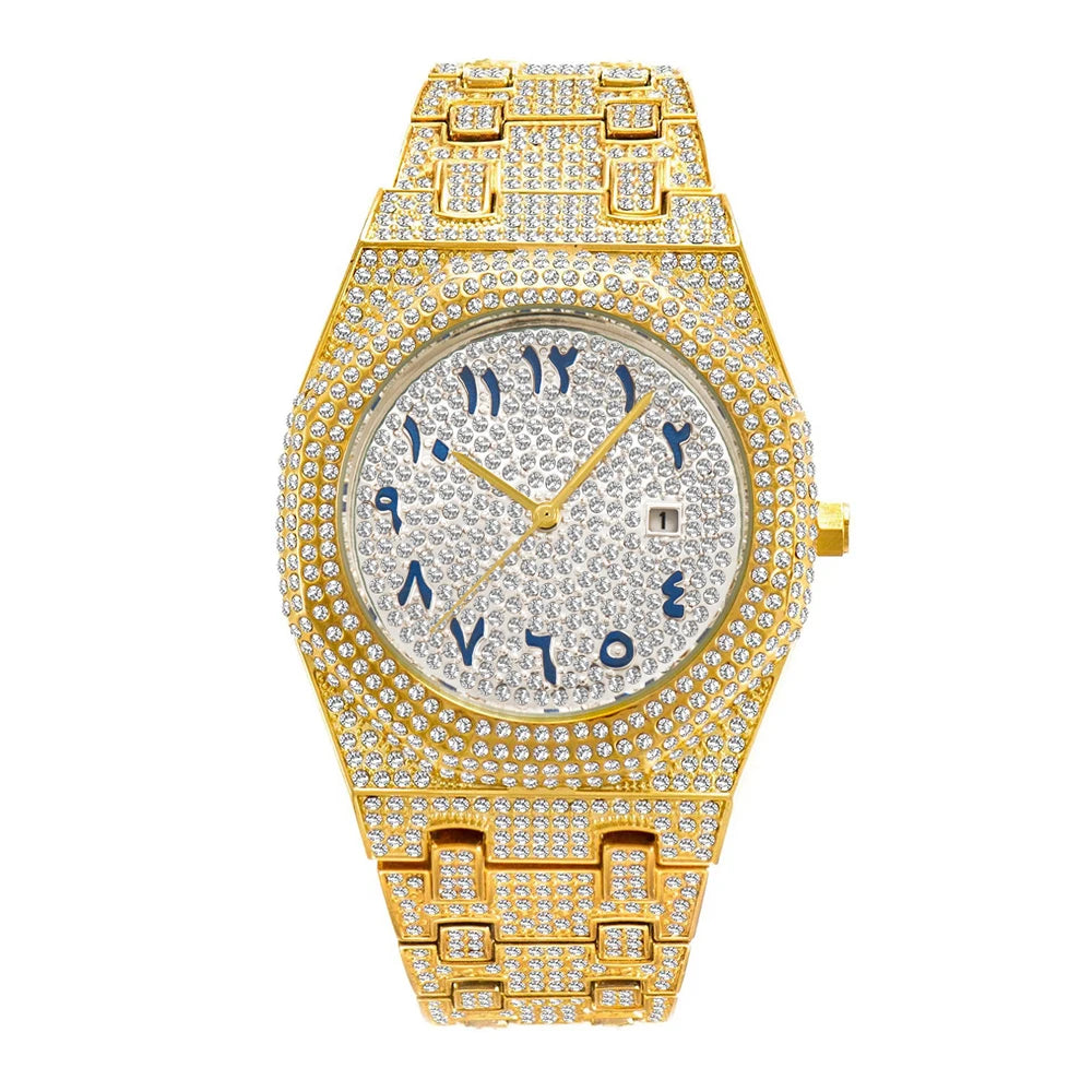 New Arab Number Brand Watch for Men Luxury Fully Diamond Bling Mens Quartz Watches Fashion Iced Out Silver Waterproof Male Clock