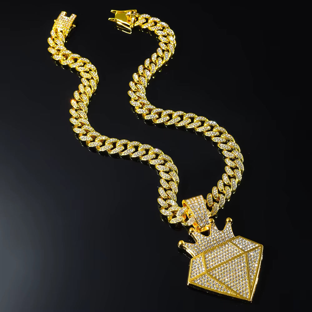 Hip Hop Iced Out Crown Pendant Necklace with 13Mm Rhinestone Cuban Chain Bling Necklaces Men Women Fashion Charm Jewelry Gift