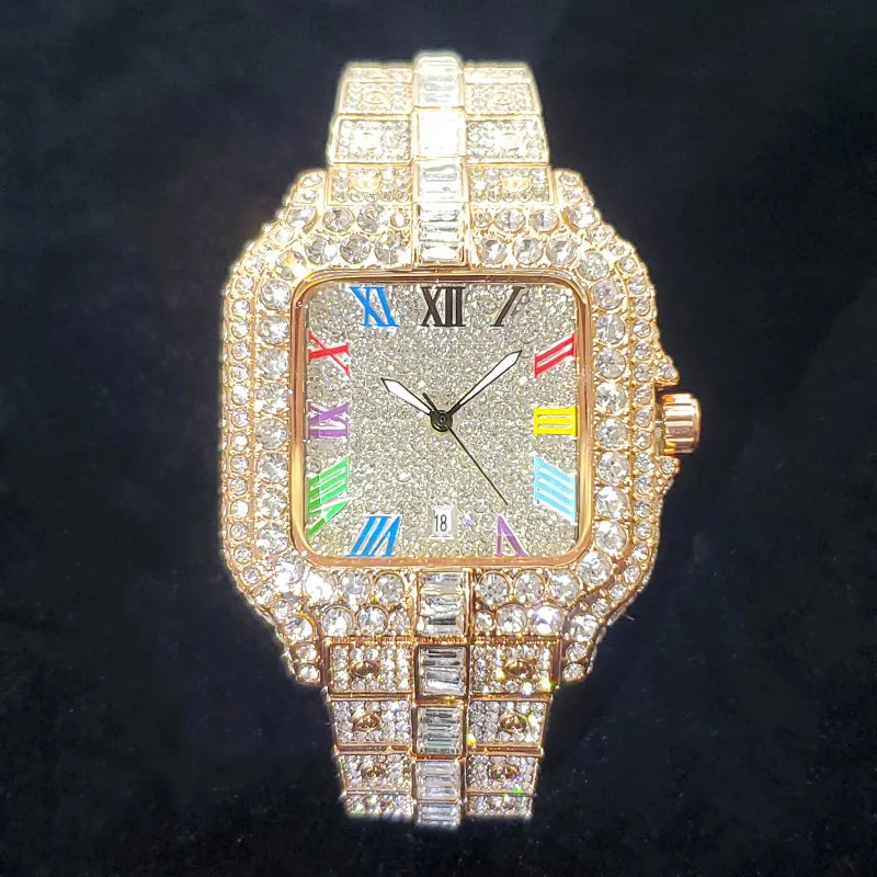 2025 UNIGUET Luxury Diamond Watch for Men with Rainbow Dial Calendar Quartz Watches Fashion Hip Hop Iced Out Wristwatch Man Gift