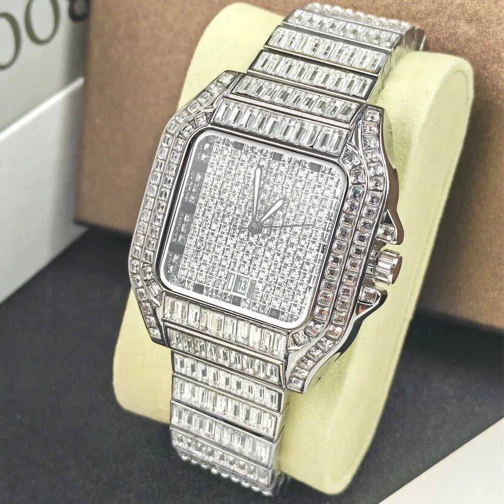 Luxury Diamond Watch for Men Hip Hop Style Bling Bling Iced Out Wristwatch Fashion Square Dial Quartz Watches Waterproof Clock