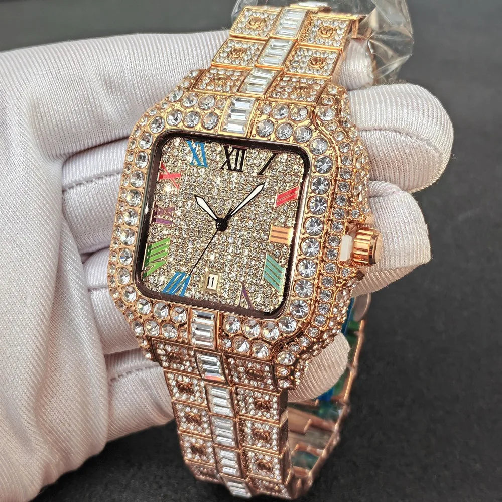 Luxury Diamond Watch for Men Hip Hop Style Bling Bling Iced Out Wristwatch Fashion Square Dial Quartz Watches Waterproof Clock