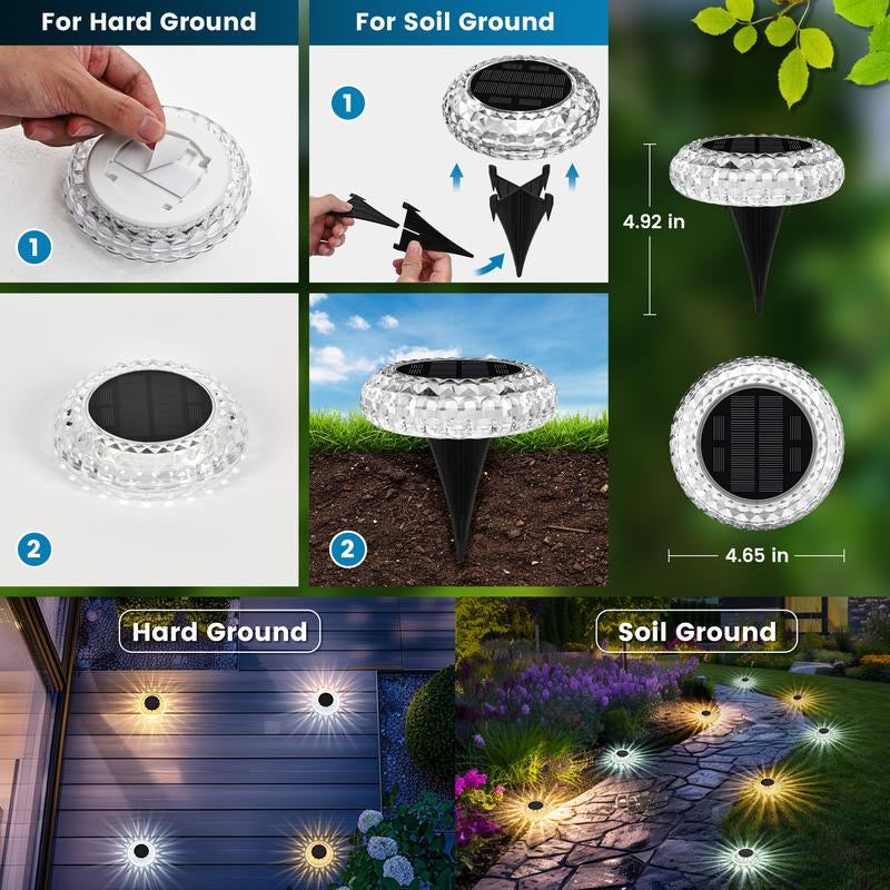 6 Pack Solar Outdoor Ground Lights, 2 Lighting Models Deck Lights, Solar Powered Backyard Decor, IP67 Waterproof Landscape Lighting for Pathway, Walkway, Garden, Patio