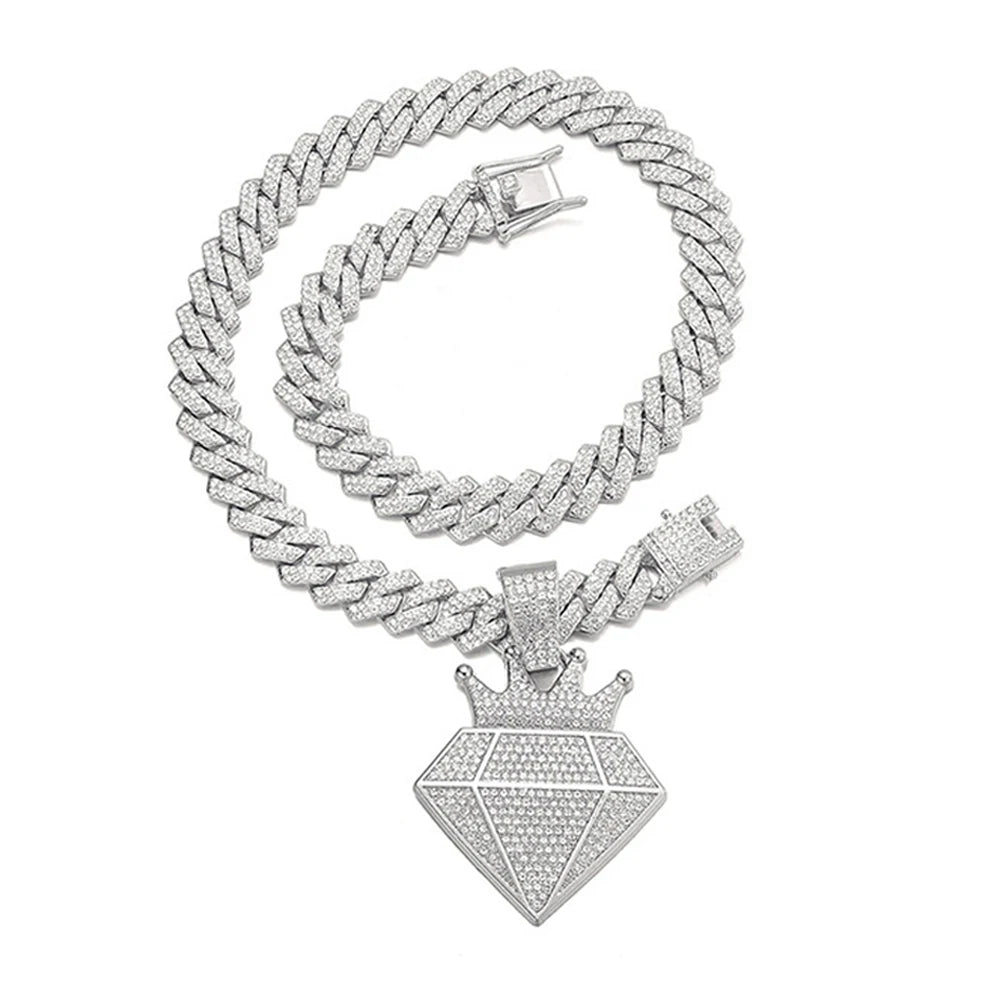 Hip Hop Iced Out Crown Pendant Necklace with 13Mm Rhinestone Cuban Chain Bling Necklaces Men Women Fashion Charm Jewelry Gift