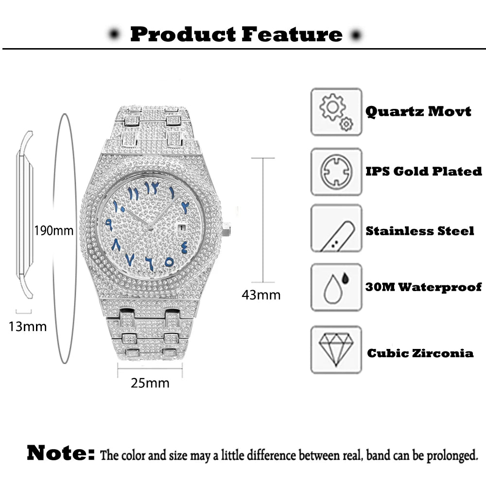 New Arab Number Brand Watch for Men Luxury Fully Diamond Bling Mens Quartz Watches Fashion Iced Out Silver Waterproof Male Clock