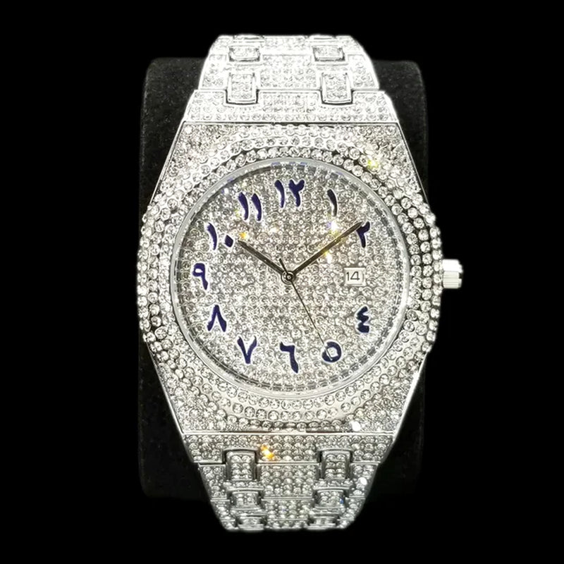 2024 New Arab Number Watch for Men Luxury Fully Diamond Bling Mens Quartz Watches Fashion Iced Out Silver Waterproof Male Clock