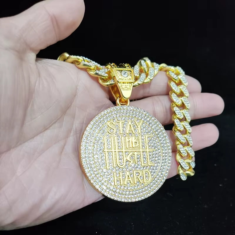Men Women Hip Hop STAY HARD Pendant Necklace with 13Mm Cuban Chain Hiphop Iced Out Bling Necklaces Fashion Charm Jewelry