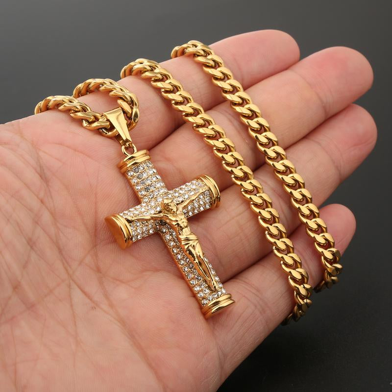 Jesus Cross Pendant Necklace for Men, 18K Gold Plated Stainless Steel 6MM Cuban Chain Hypoallergenic Pendant, Christian Gift