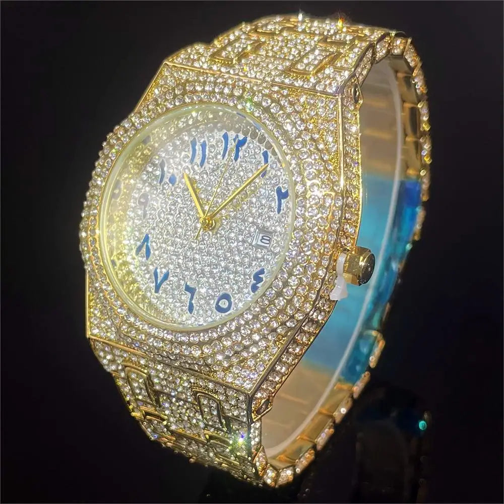 2024 New Arab Number Watch for Men Luxury Fully Diamond Bling Mens Quartz Watches Fashion Iced Out Silver Waterproof Male Clock