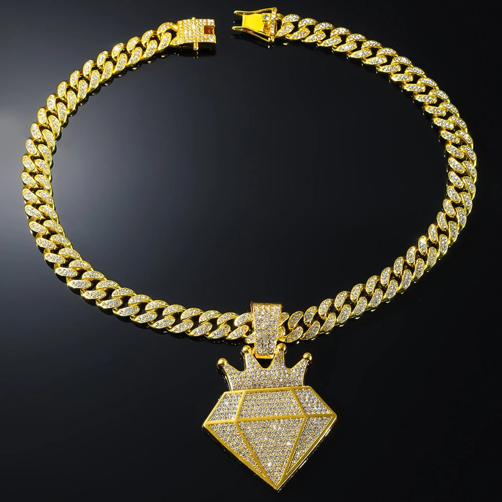 Hip Hop Iced Out Crown Pendant Necklace with 13Mm Rhinestone Cuban Chain Bling Necklaces Men Women Fashion Charm Jewelry Gift