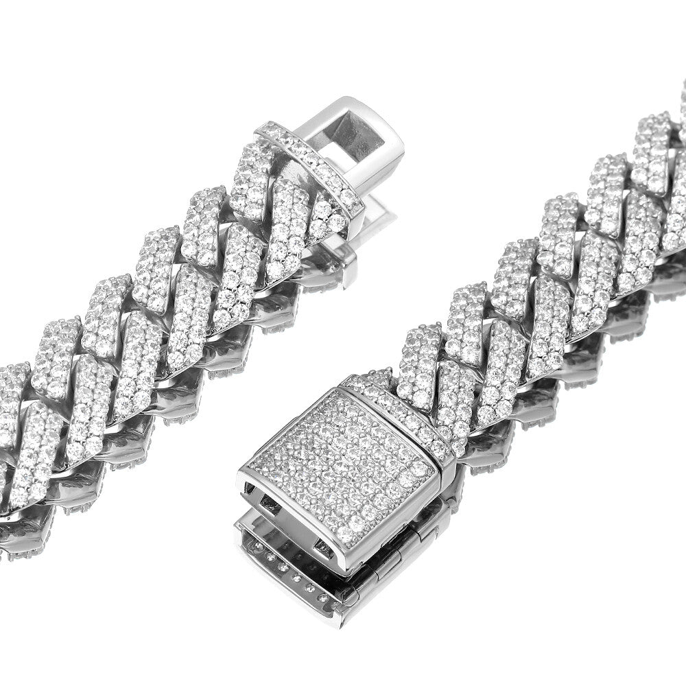 12Mm Iced CZ Out Cuban Link Chain White Gold Stainless Steel Hip Hop Jewelry