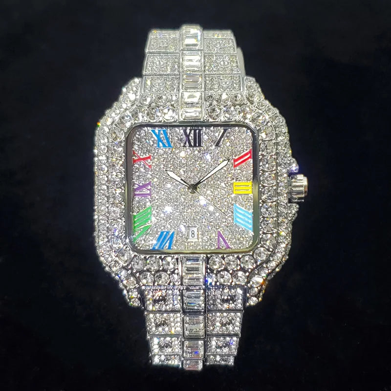 2025 UNIGUET Luxury Diamond Watch for Men with Rainbow Dial Calendar Quartz Watches Fashion Hip Hop Iced Out Wristwatch Man Gift