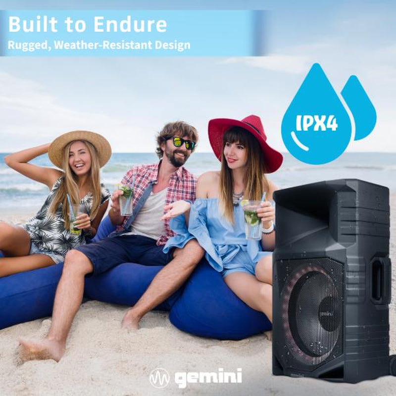 Gemini GXP-T1500 Rechargeable Portable Water-Resistant Bluetooth Speaker, 15-Inch Woofer, RGB Party Lighting, Microphone, FM Radio, USB Playback Audio Cable