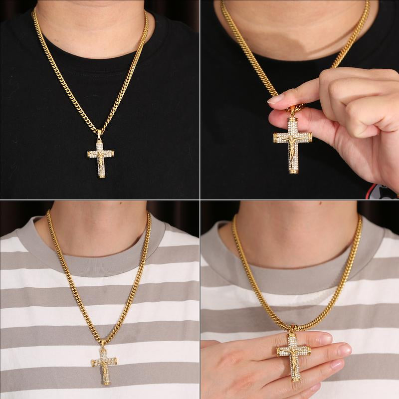 Jesus Cross Pendant Necklace for Men, 18K Gold Plated Stainless Steel 6MM Cuban Chain Hypoallergenic Pendant, Christian Gift