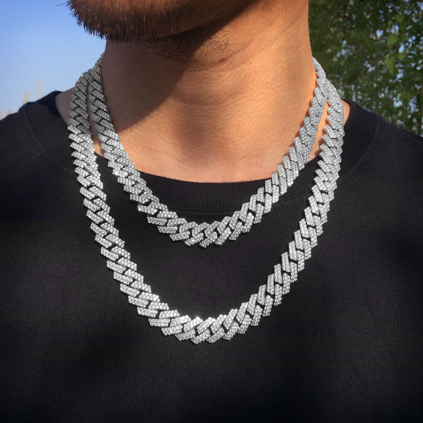 12Mm Iced CZ Out Cuban Link Chain White Gold Stainless Steel Hip Hop Jewelry
