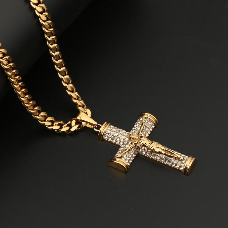 Jesus Cross Pendant Necklace for Men, 18K Gold Plated Stainless Steel 6MM Cuban Chain Hypoallergenic Pendant, Christian Gift