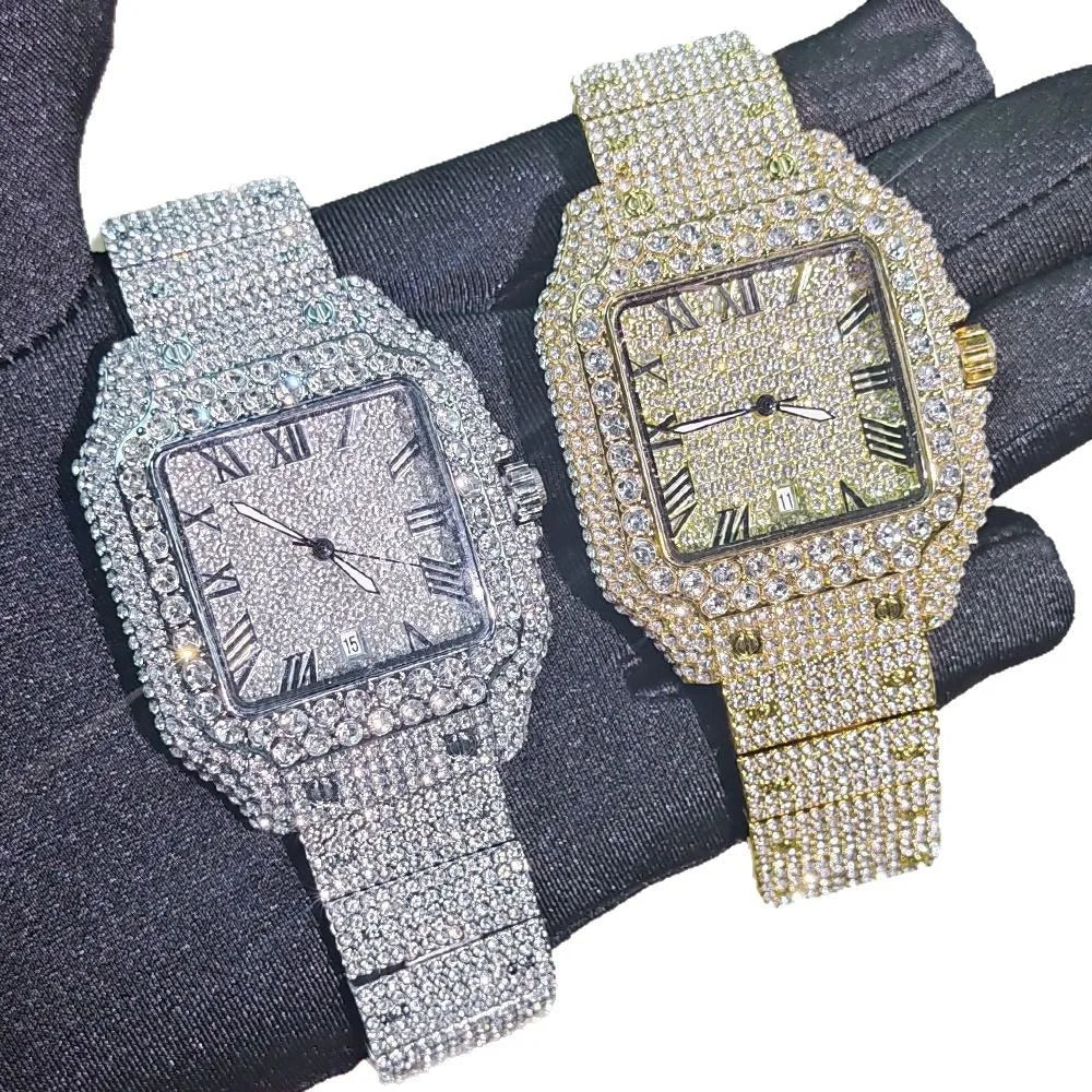 Luxury Diamond Watch for Men Hip Hop Style Bling Bling Iced Out Wristwatch Fashion Square Dial Quartz Watches Waterproof Clock