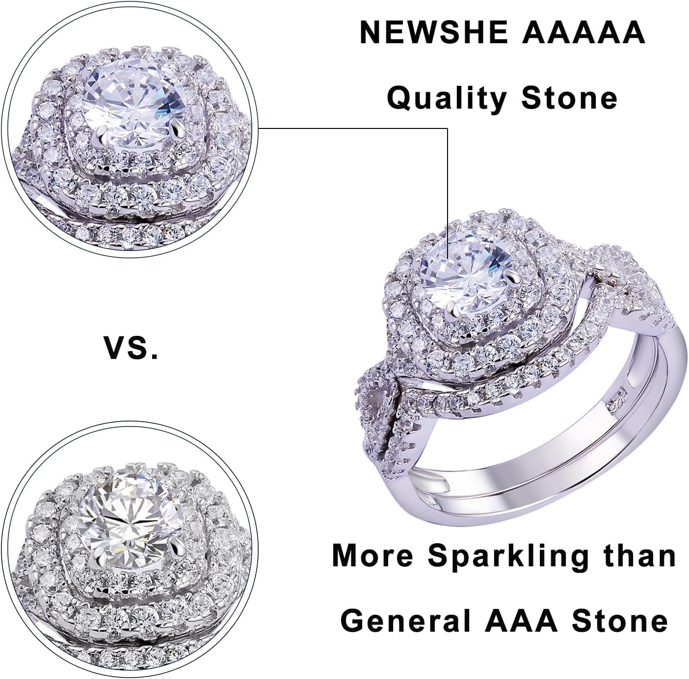 Newshe Wedding Band Engagement Ring Set for Women 925 Sterling Silver 1.8Ct round White AAAAA Cz Size 4-13