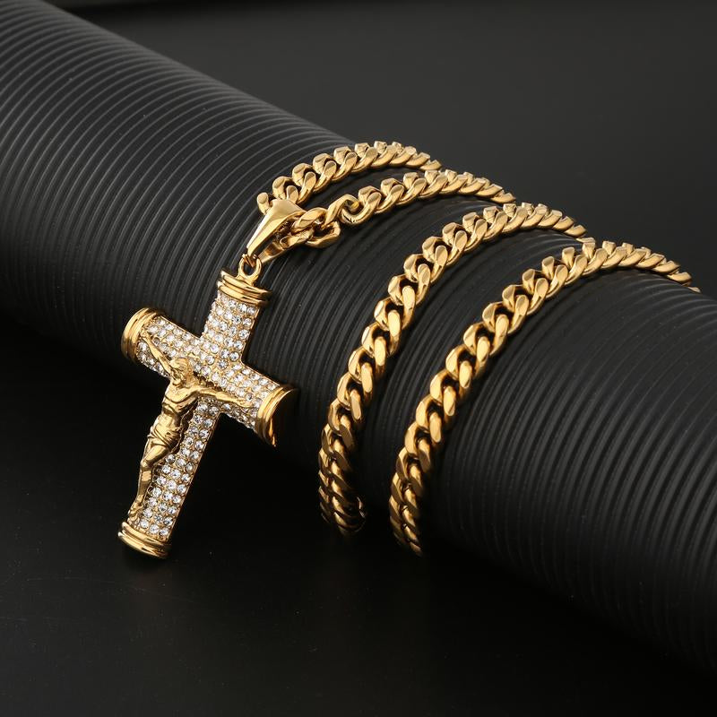 Jesus Cross Pendant Necklace for Men, 18K Gold Plated Stainless Steel 6MM Cuban Chain Hypoallergenic Pendant, Christian Gift