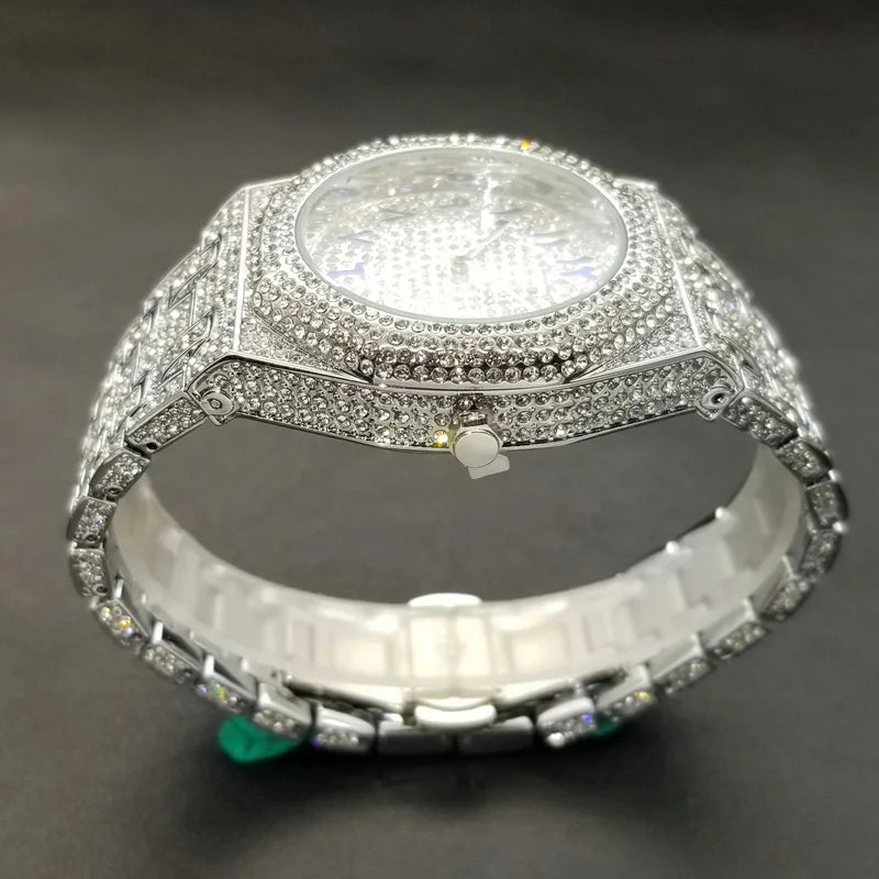 New Arab Number Brand Watch for Men Luxury Fully Diamond Bling Mens Quartz Watches Fashion Iced Out Silver Waterproof Male Clock