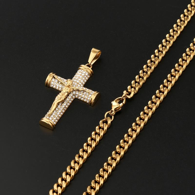 Jesus Cross Pendant Necklace for Men, 18K Gold Plated Stainless Steel 6MM Cuban Chain Hypoallergenic Pendant, Christian Gift
