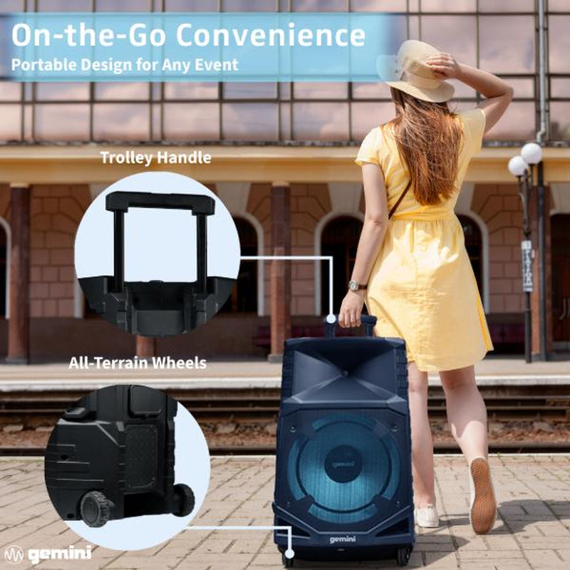 Gemini GXP-T1500 Rechargeable Portable Water-Resistant Bluetooth Speaker, 15-Inch Woofer, RGB Party Lighting, Microphone, FM Radio, USB Playback Audio Cable