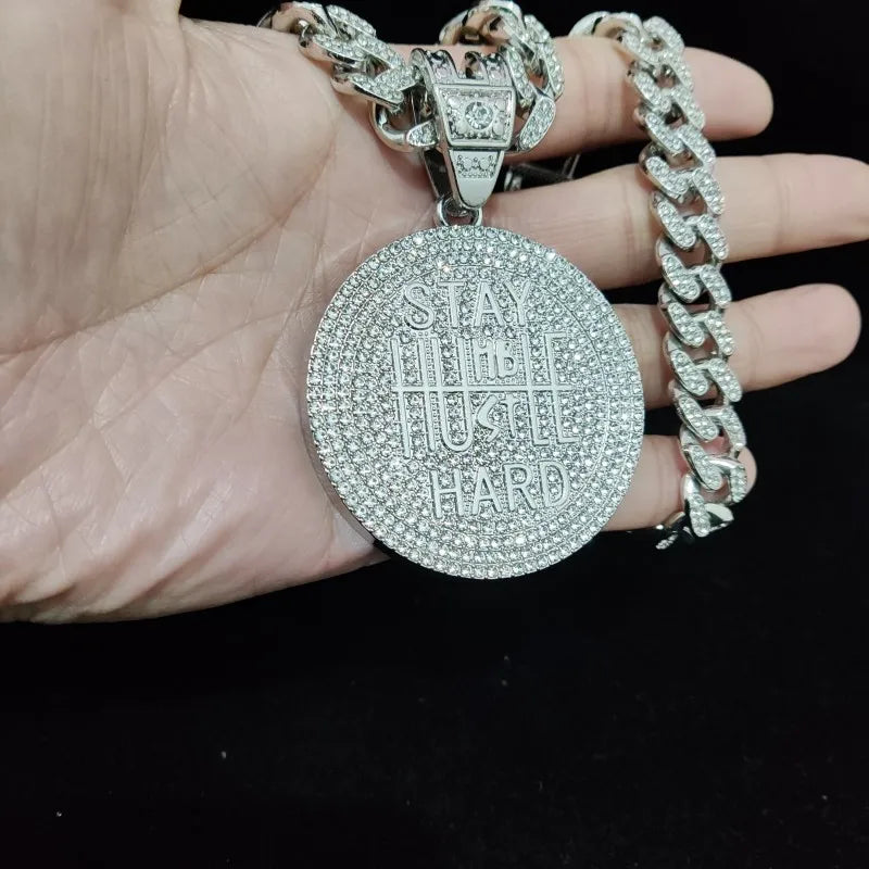 Men Women Hip Hop STAY HARD Pendant Necklace with 13Mm Cuban Chain Hiphop Iced Out Bling Necklaces Fashion Charm Jewelry
