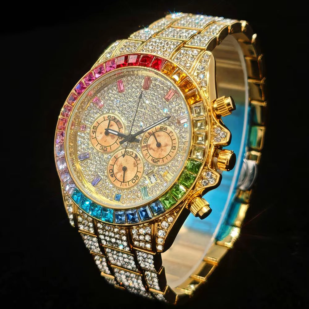 Fashion Ice Watches Men Brand Luxury Stainless Steel Hip Hop Rainbow Diamond Quartz Wristwatch Male Gift Dropshipping