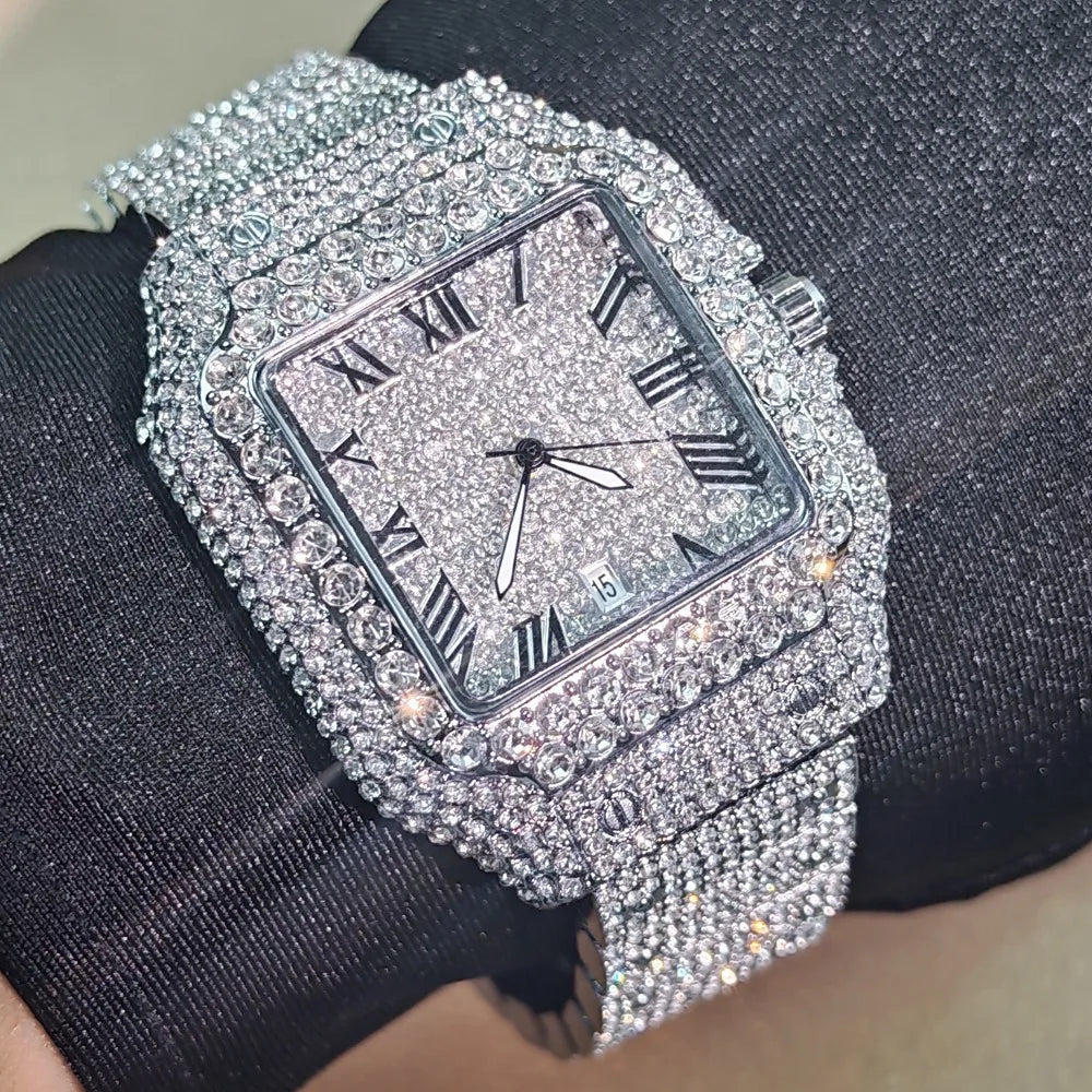 Luxury Diamond Watch for Men Hip Hop Style Bling Bling Iced Out Wristwatch Fashion Square Dial Quartz Watches Waterproof Clock