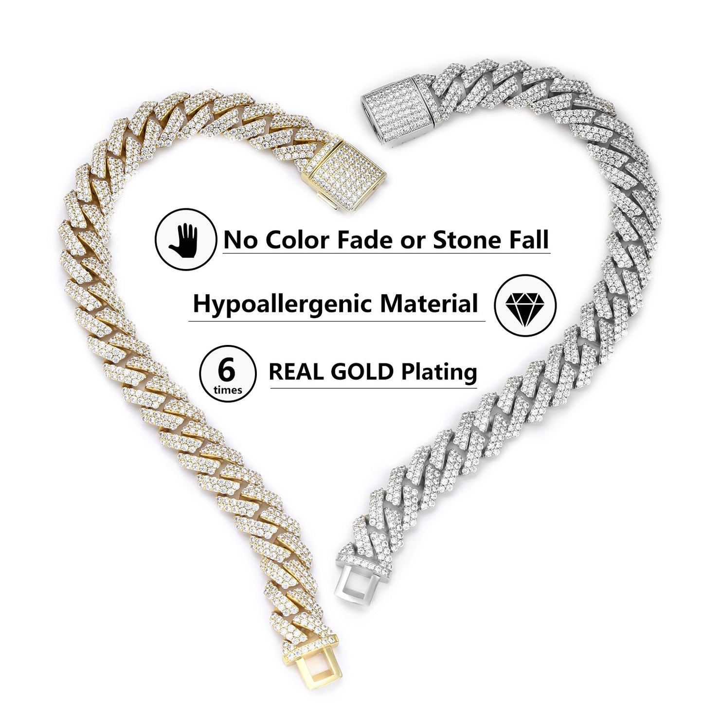 12Mm Iced CZ Out Cuban Link Chain White Gold Stainless Steel Hip Hop Jewelry