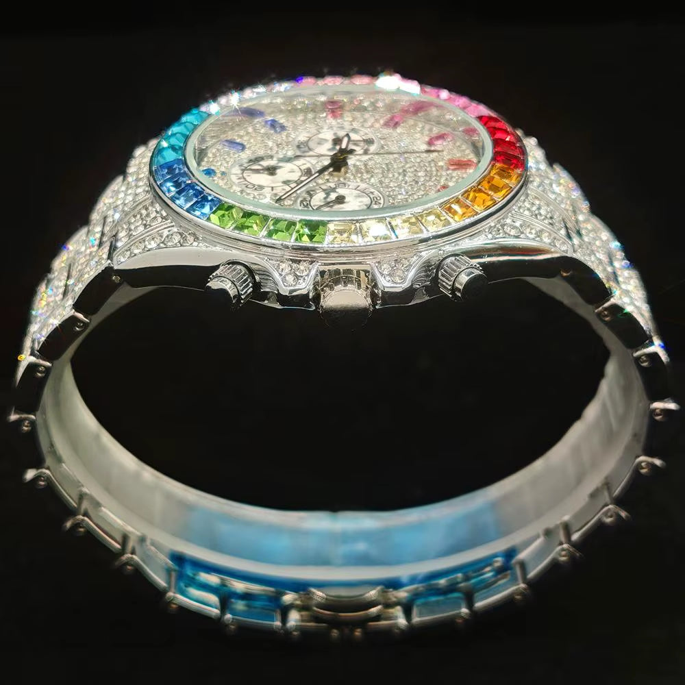 Fashion Ice Watches Men Brand Luxury Stainless Steel Hip Hop Rainbow Diamond Quartz Wristwatch Male Gift Dropshipping