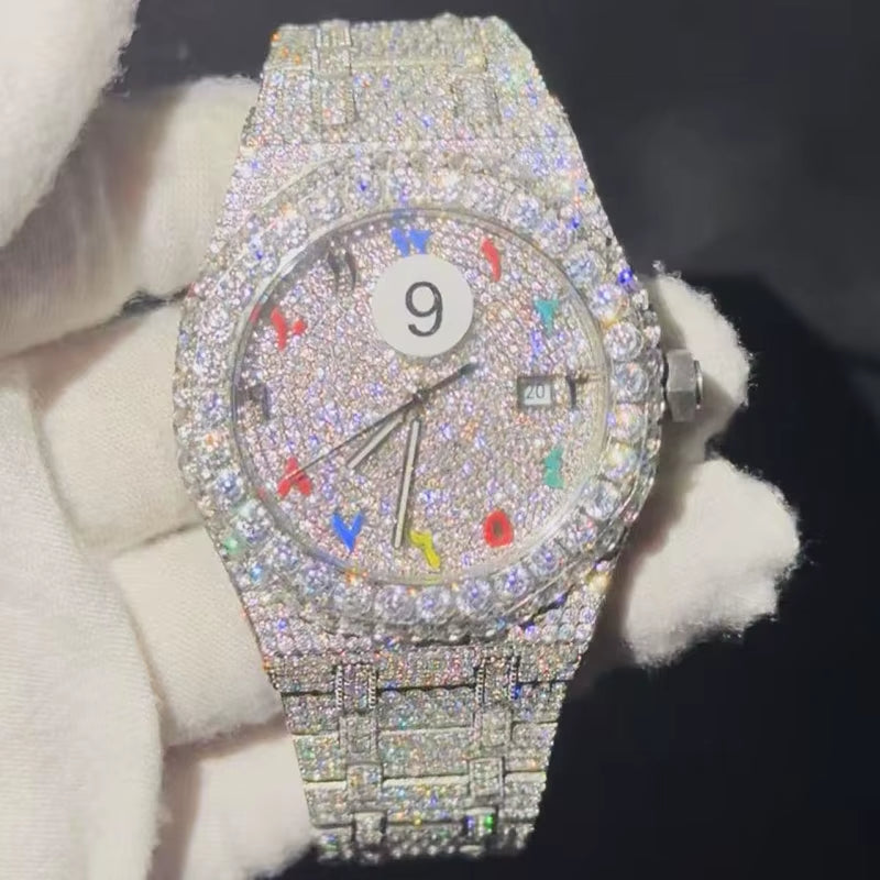 Customized VVS Moissanite Can Pass the Test Diamond Watch Diamond Arabic Dial Mens Watch Top Stainless Steel Mechanical Watch