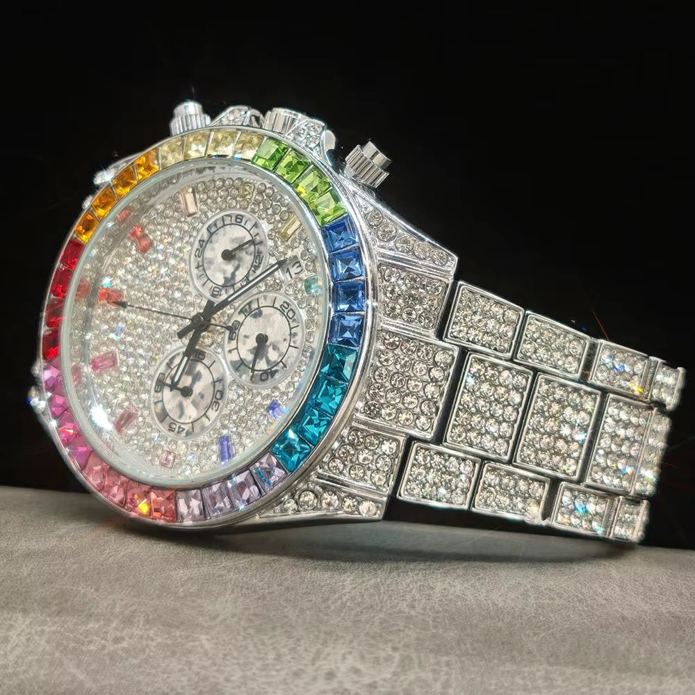 Fashion Ice Watches Men Brand Luxury Stainless Steel Hip Hop Rainbow Diamond Quartz Wristwatch Male Gift Dropshipping