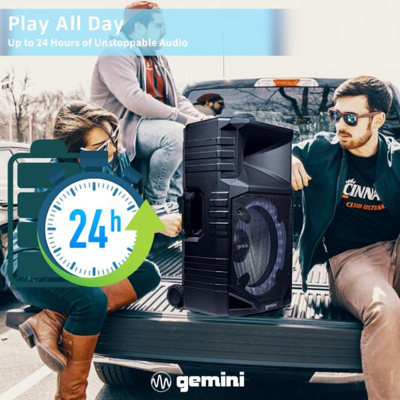 Gemini GXP-T1500 Rechargeable Portable Water-Resistant Bluetooth Speaker, 15-Inch Woofer, RGB Party Lighting, Microphone, FM Radio, USB Playback Audio Cable