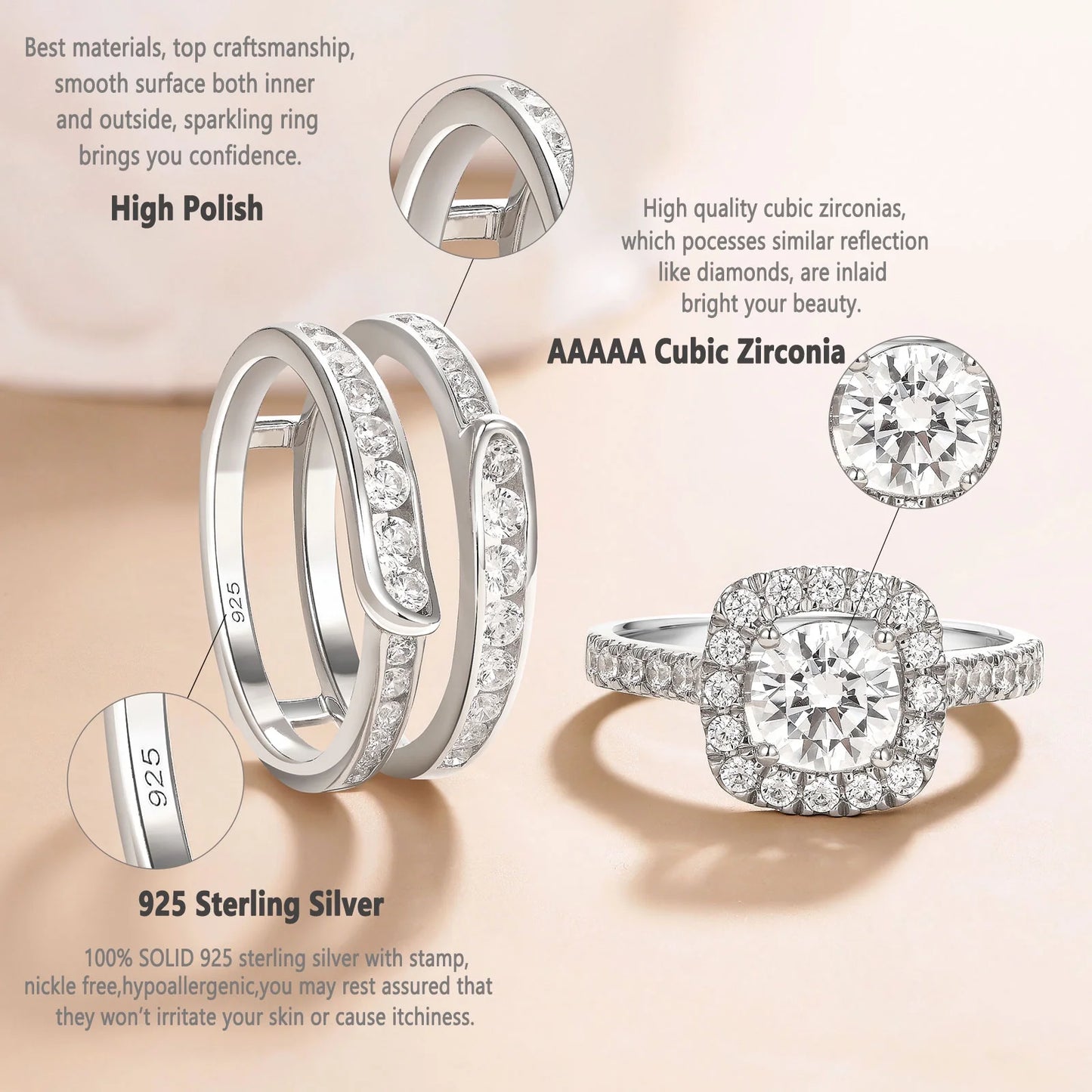 Wedding Rings for Women AAAAA Cz 925 Sterling Silver Engagement Bridal Band Set Enhancers and Wraps Size 8