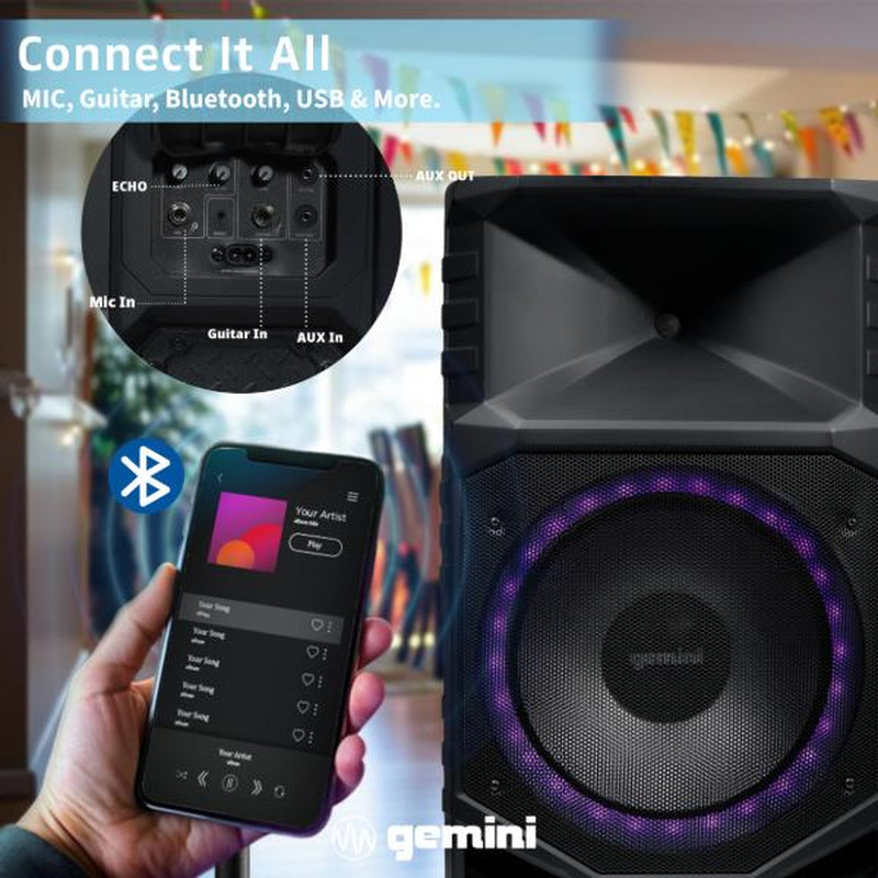 Gemini GXP-T1500 Rechargeable Portable Water-Resistant Bluetooth Speaker, 15-Inch Woofer, RGB Party Lighting, Microphone, FM Radio, USB Playback Audio Cable