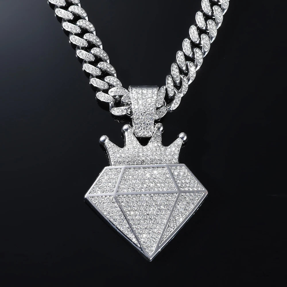 Hip Hop Iced Out Crown Pendant Necklace with 13Mm Rhinestone Cuban Chain Bling Necklaces Men Women Fashion Charm Jewelry Gift