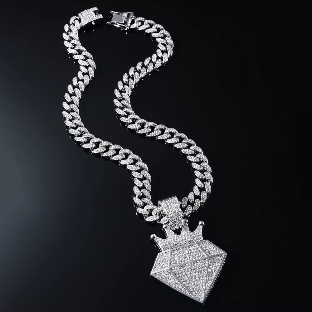 Hip Hop Iced Out Crown Pendant Necklace with 13Mm Rhinestone Cuban Chain Bling Necklaces Men Women Fashion Charm Jewelry Gift