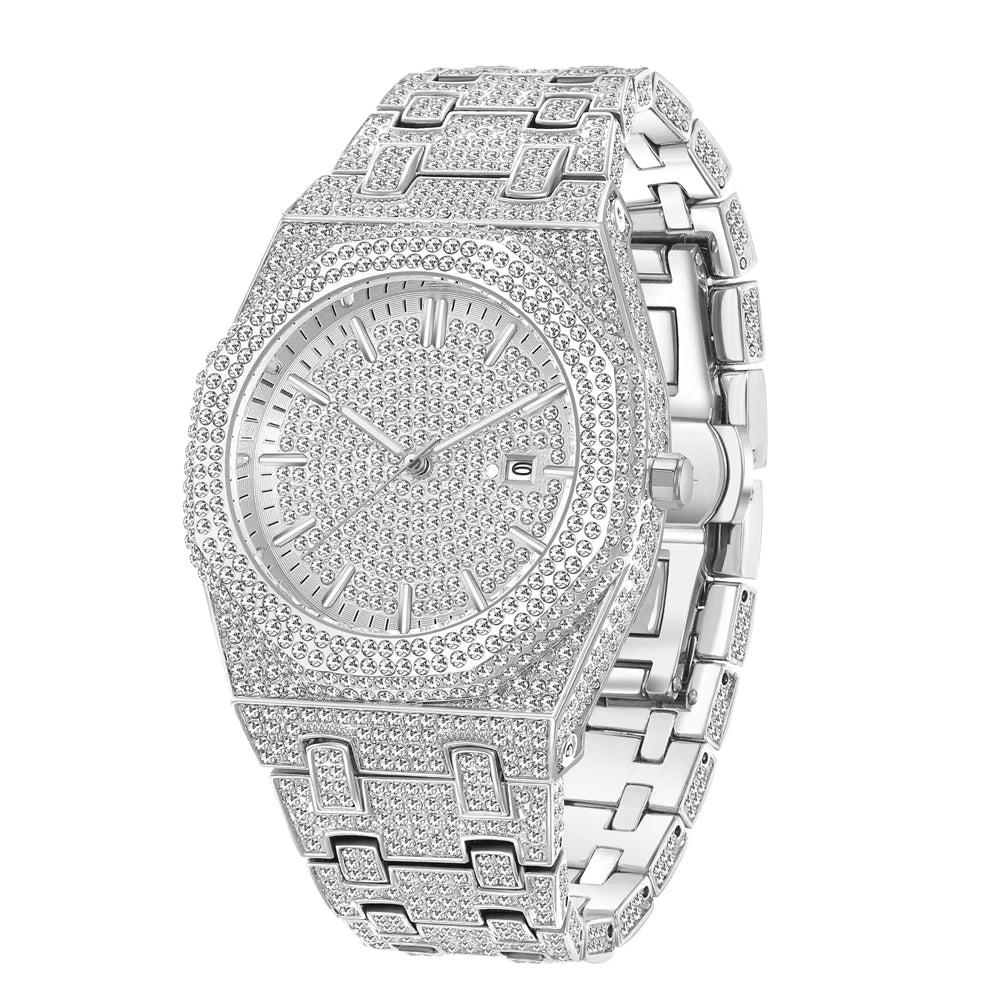 New Arab Number Brand Watch for Men Luxury Fully Diamond Bling Mens Quartz Watches Fashion Iced Out Silver Waterproof Male Clock