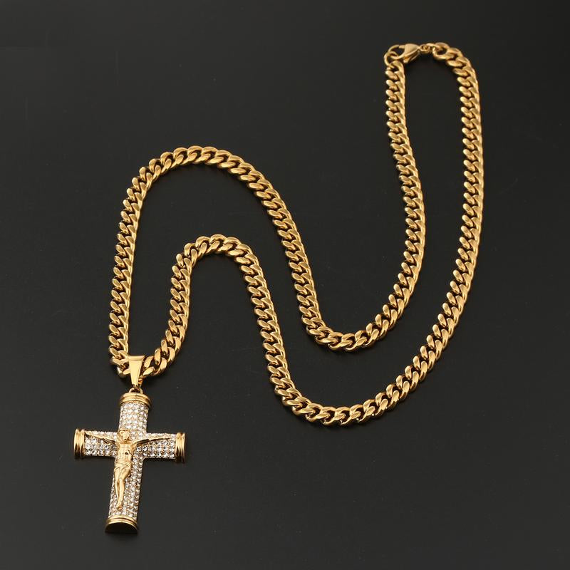 Jesus Cross Pendant Necklace for Men, 18K Gold Plated Stainless Steel 6MM Cuban Chain Hypoallergenic Pendant, Christian Gift