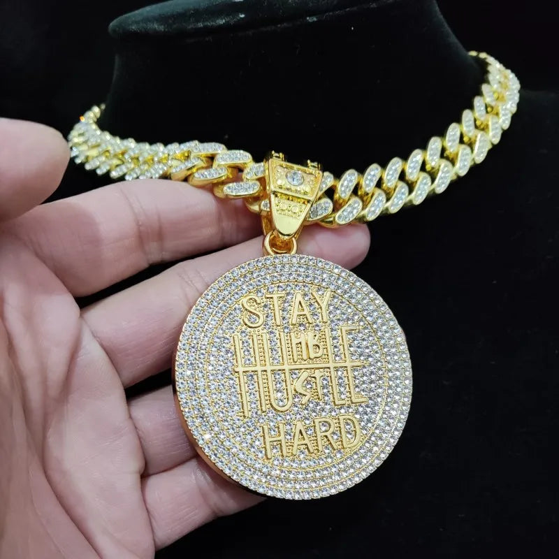 Men Women Hip Hop STAY HARD Pendant Necklace with 13Mm Cuban Chain Hiphop Iced Out Bling Necklaces Fashion Charm Jewelry