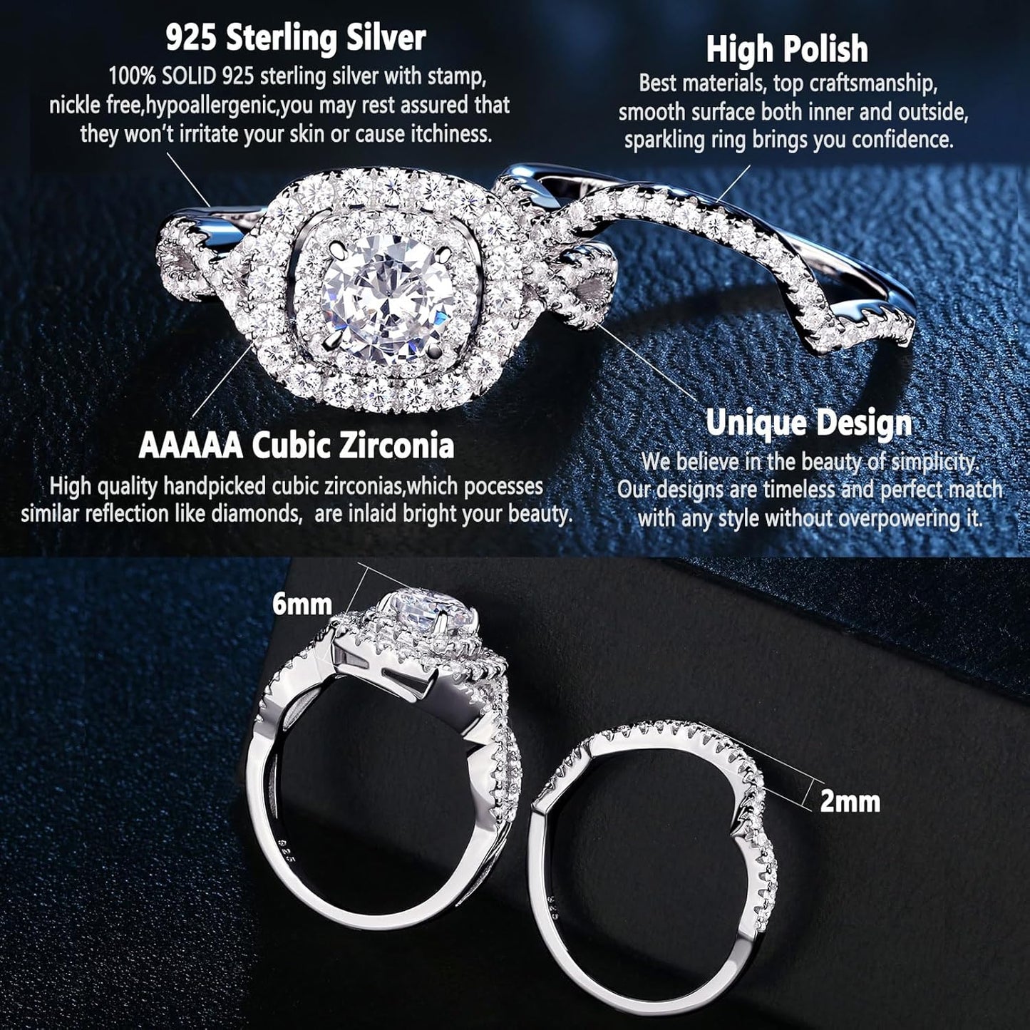Newshe Wedding Band Engagement Ring Set for Women 925 Sterling Silver 1.8Ct round White AAAAA Cz Size 4-13