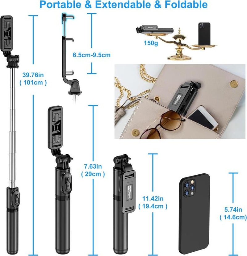 Extendable Selfie Stick Tripod with Wireless Remote – Lightweight, Portable, Compatible with Iphone 15/14/13/12, Samsung, Mount Smartphone Cellphone