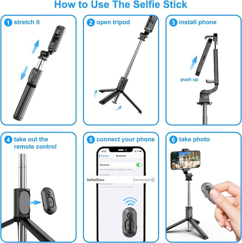 Extendable Selfie Stick Tripod with Wireless Remote – Lightweight, Portable, Compatible with Iphone 15/14/13/12, Samsung, Mount Smartphone Cellphone
