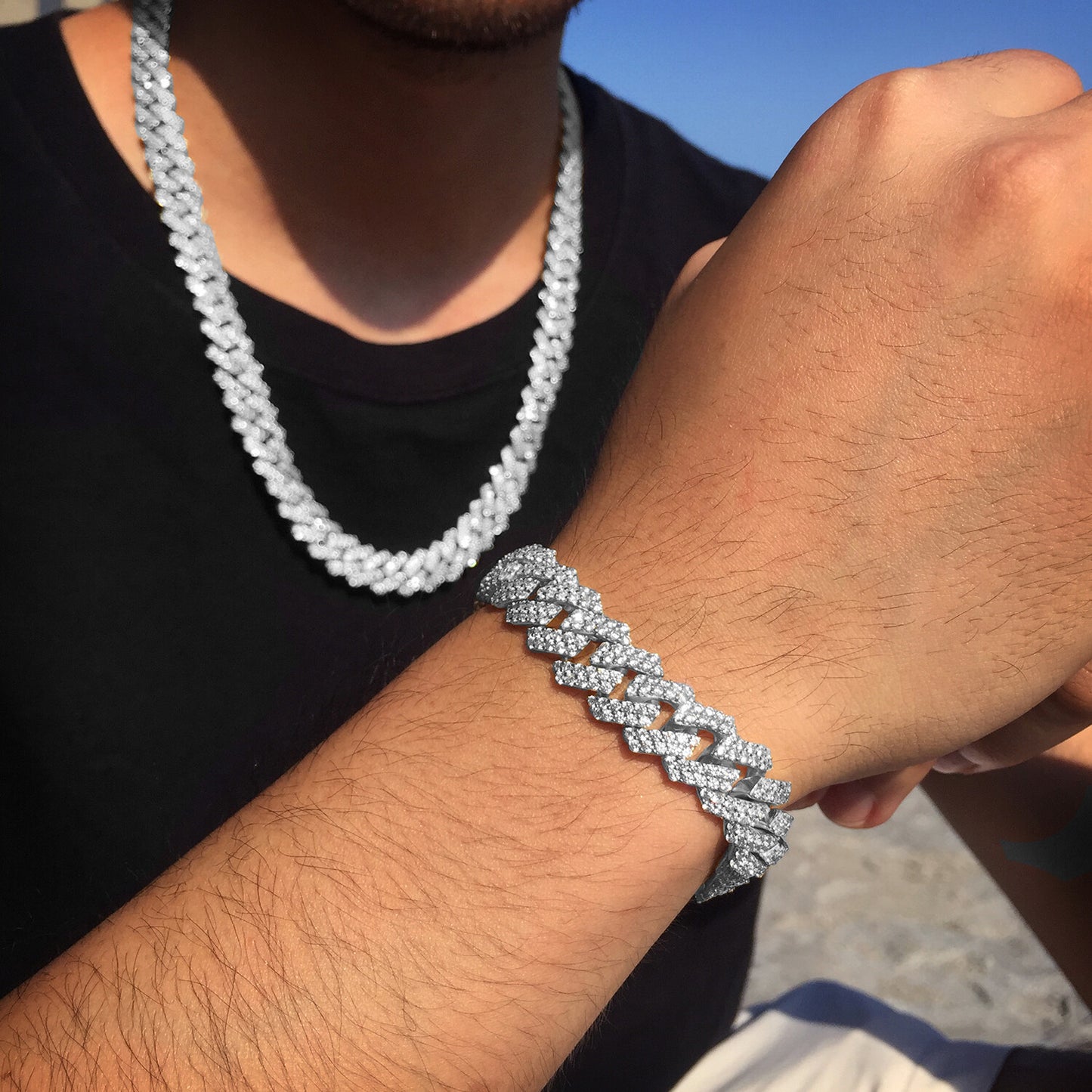 12Mm Iced CZ Out Cuban Link Chain White Gold Stainless Steel Hip Hop Jewelry