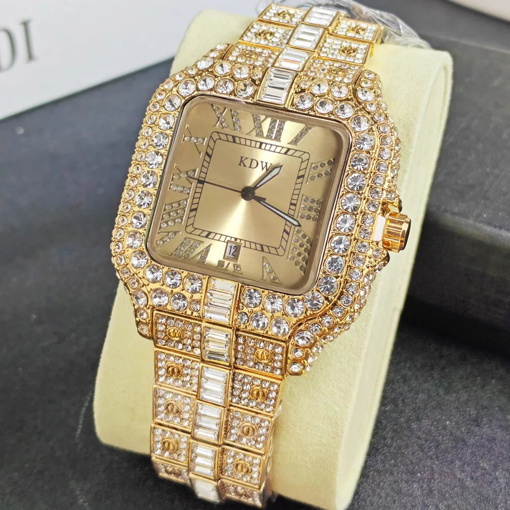 Luxury Diamond Watch for Men Hip Hop Style Bling Bling Iced Out Wristwatch Fashion Square Dial Quartz Watches Waterproof Clock