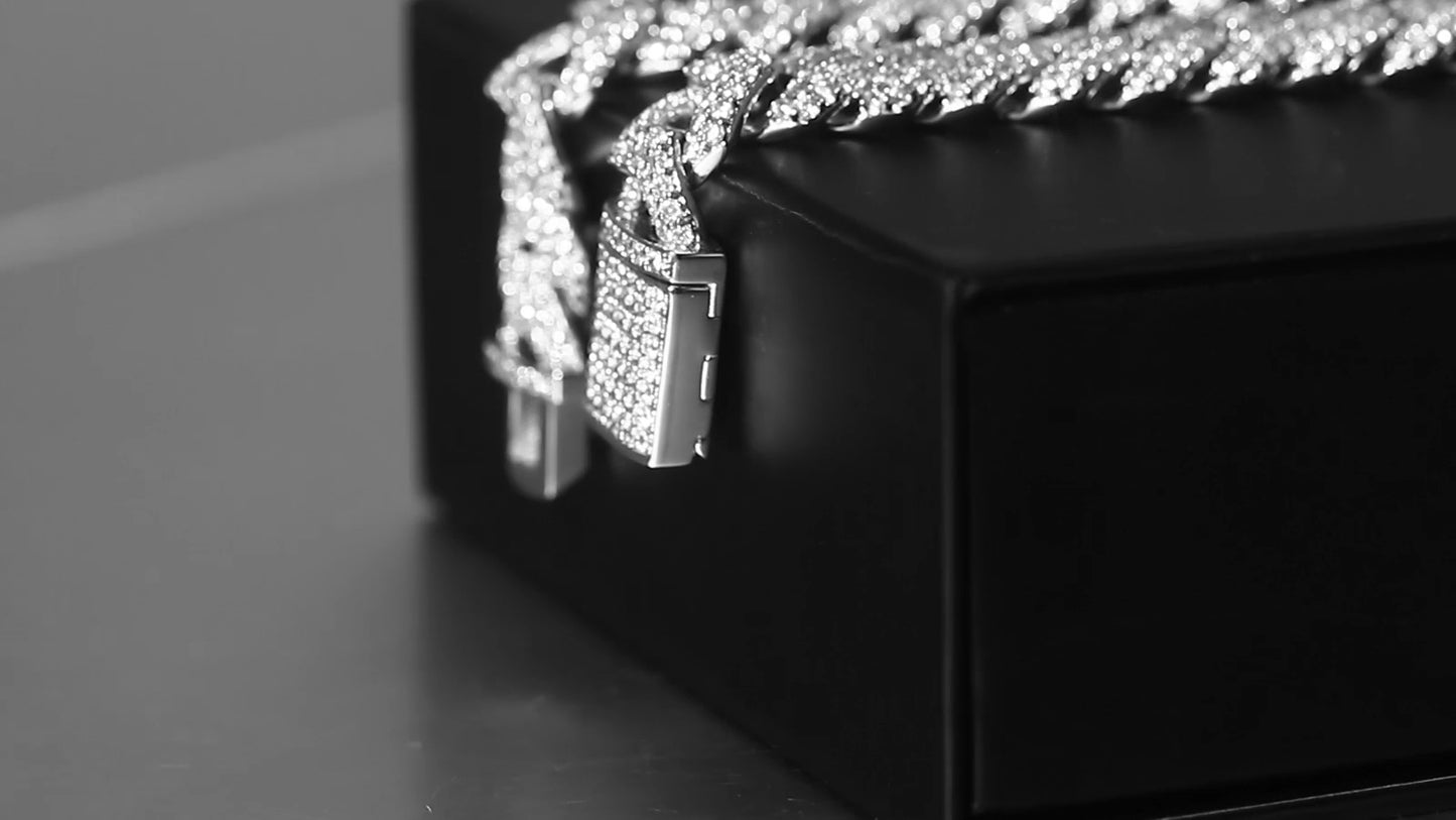 12Mm Iced CZ Out Cuban Link Chain White Gold Stainless Steel Hip Hop Jewelry