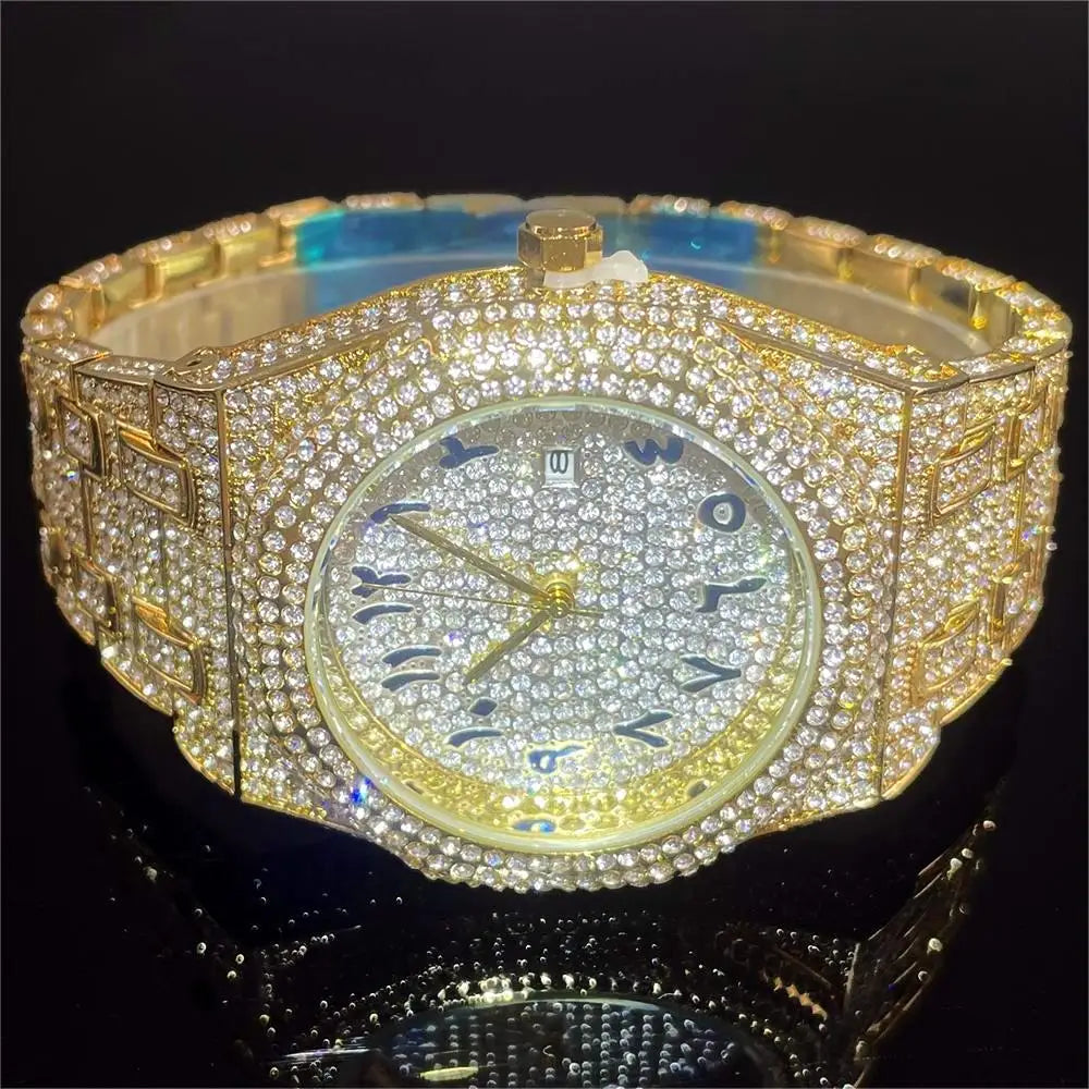2024 New Arab Number Watch for Men Luxury Fully Diamond Bling Mens Quartz Watches Fashion Iced Out Silver Waterproof Male Clock